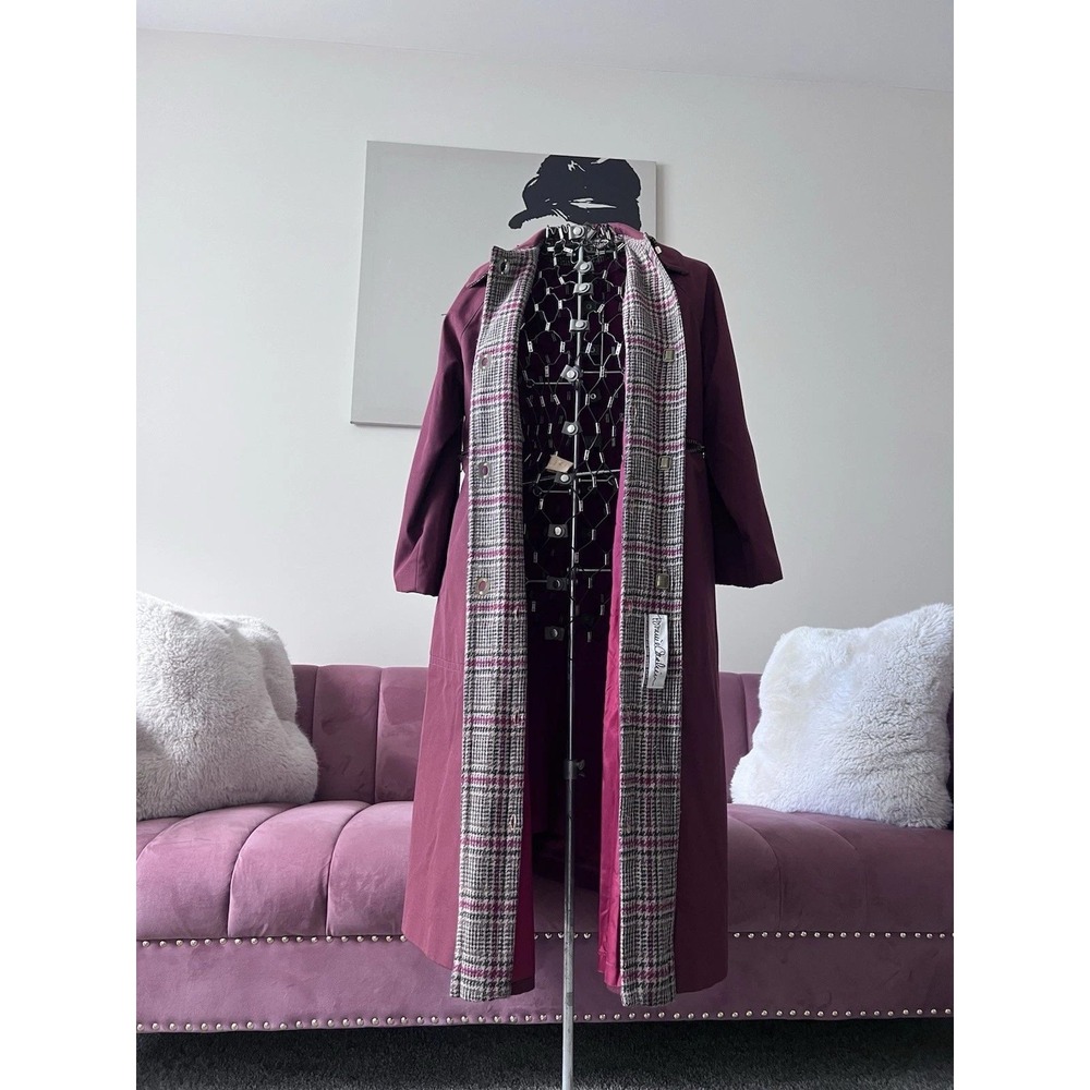 VTG Bonnie Cashin for Russ Taylor Trench Coat Burgundy Plaid Swing Long Large‎